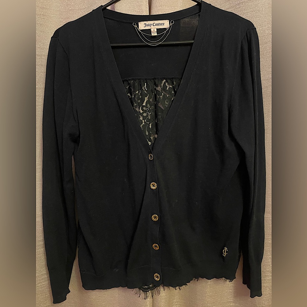 Juicy Couture Black Lace-Backed Cardigan With Gold Buttons. Women’s size Medium.